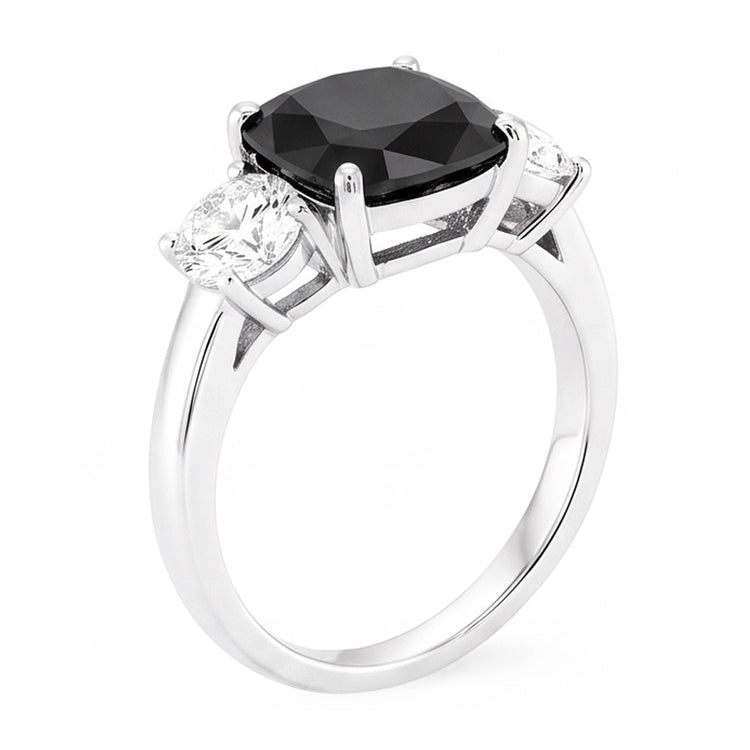 Bague de Fiançailles Trois Pierres en Or Blanc 14 Carats avec Diamant Noir Véritable Taille Coussin 6 Carats