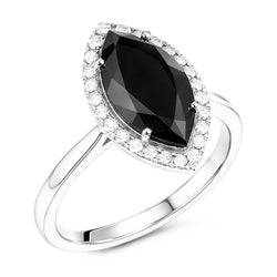 Bague de Fiançailles Diamant Sombre 8 Carats Marquise Naturelle Halo Noir en Or Blanc 14K