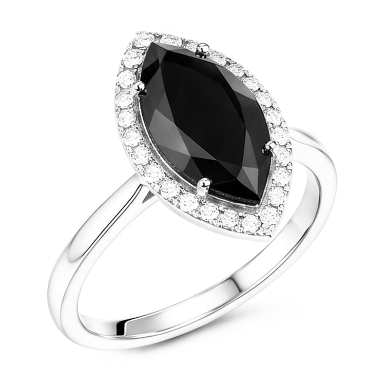 Bague de Fiançailles Diamant Sombre 8 Carats Marquise Naturelle Halo Noir Or Blanc 14 Carats
