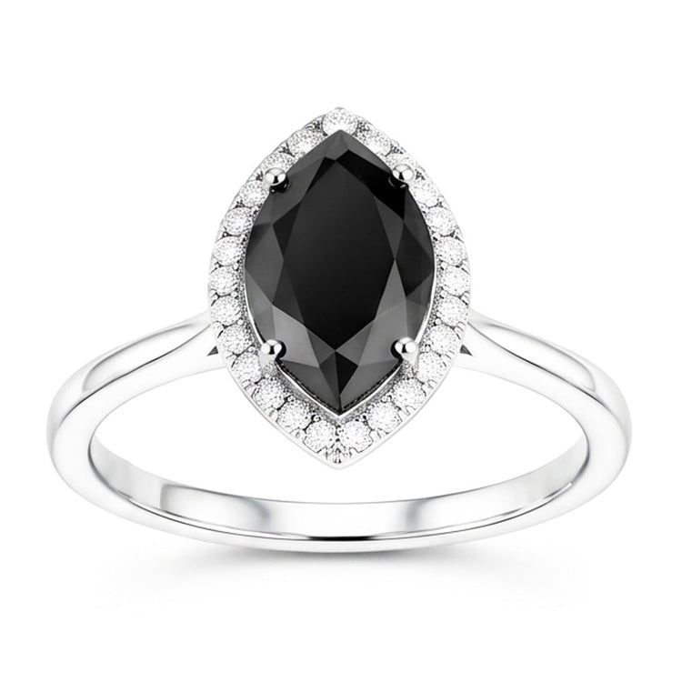 Bague de Fiançailles Diamant Sombre 8 Carats Marquise Naturelle Halo Noir Or Blanc 14 Carats