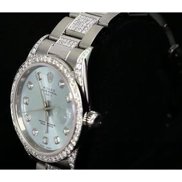 Date Rolex 34 Mm Montre Glacée Diamants Personnalisés Cadran Bleu Lunette acier inoxydable4