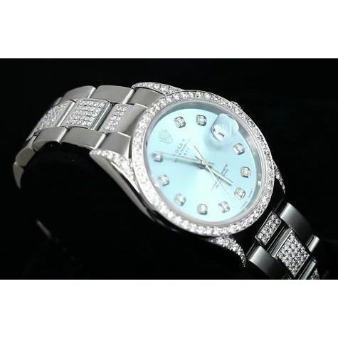 Date Rolex 34 Mm Montre Glacée Diamants Personnalisés Cadran Bleu Lunette acier inoxydable2