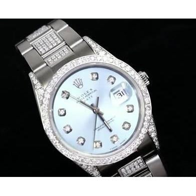 Date Rolex 34 Mm Montre Glacée Diamants Personnalisés Cadran Bleu Lunette acier inoxydable3