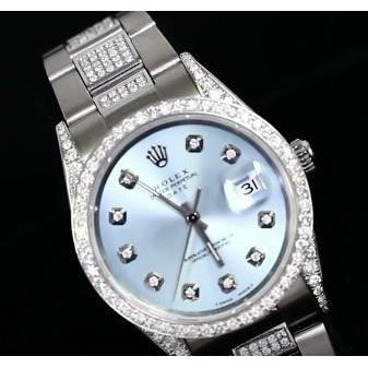 Date Rolex 34 Mm Montre Glacée Diamants Personnalisés Cadran Bleu Lunette acier inoxydable