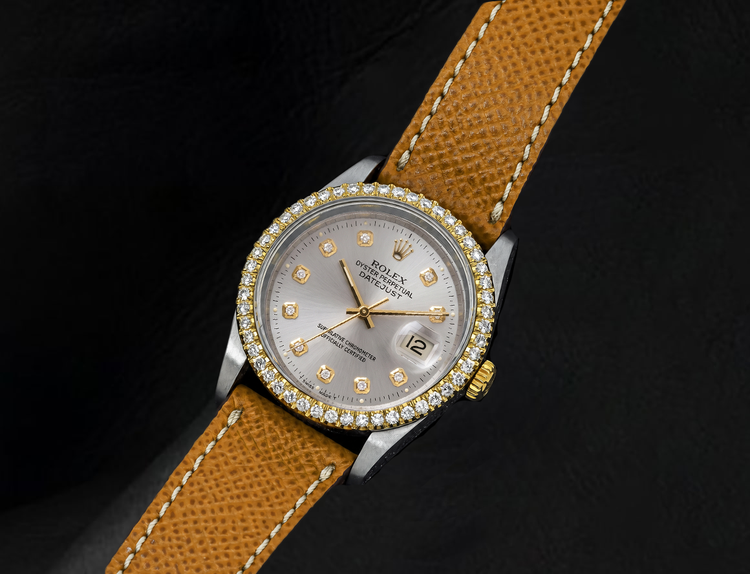 Montre Rolex Datejust 16013 36 mm Cadran Diamants Argenté Bracelet en Cuir