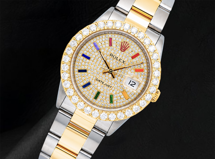 Montre Rolex Datejust 16013 Bicolore 36 mm Cadran Pavé de Diamants Heures Arc-en-ciel