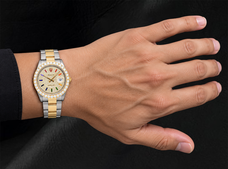 Montre Rolex Datejust 16013 Bicolore 36 mm Cadran Pavé de Diamants Heures Arc-en-ciel