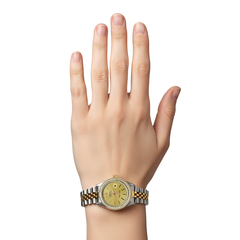 Datejust Champagne stick Cadran Rolex montre femme SS & Lunette P2