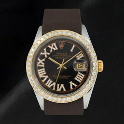 Montre Rolex Datejust 1601 36 mm Cadran Diamants Chocolat Chiffres Romains Bracelet en Caoutchouc