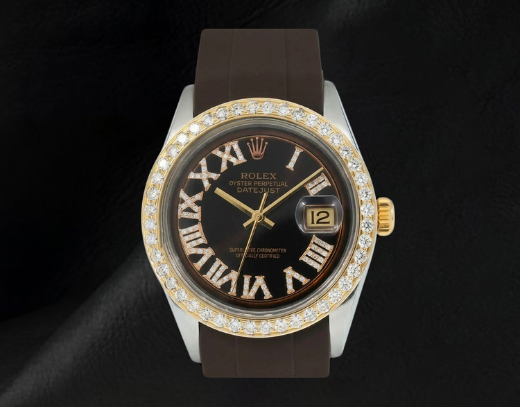 Montre Rolex Datejust 1601 36 mm Cadran Diamants Chocolat Chiffres Romains Bracelet en Caoutchouc