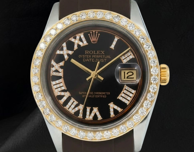 Montre Rolex Datejust 1601 36 mm Cadran Diamants Chocolat Chiffres Romains Bracelet en Caoutchouc