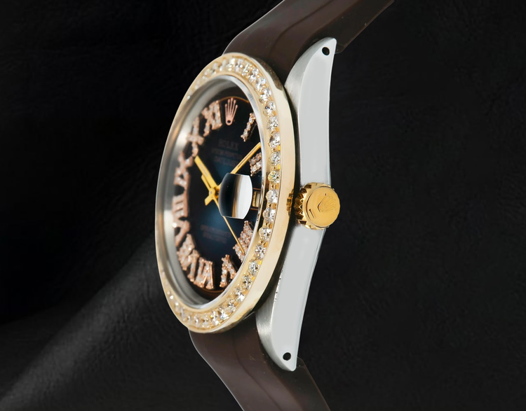 Montre Rolex Datejust 1601 36 mm Cadran Diamants Chocolat Chiffres Romains Bracelet en Caoutchouc