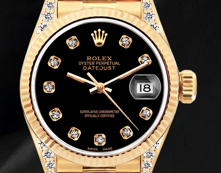 Montre Rolex Datejust 26 mm 69178 en Or Jaune 18K Cadran Diamants Noir