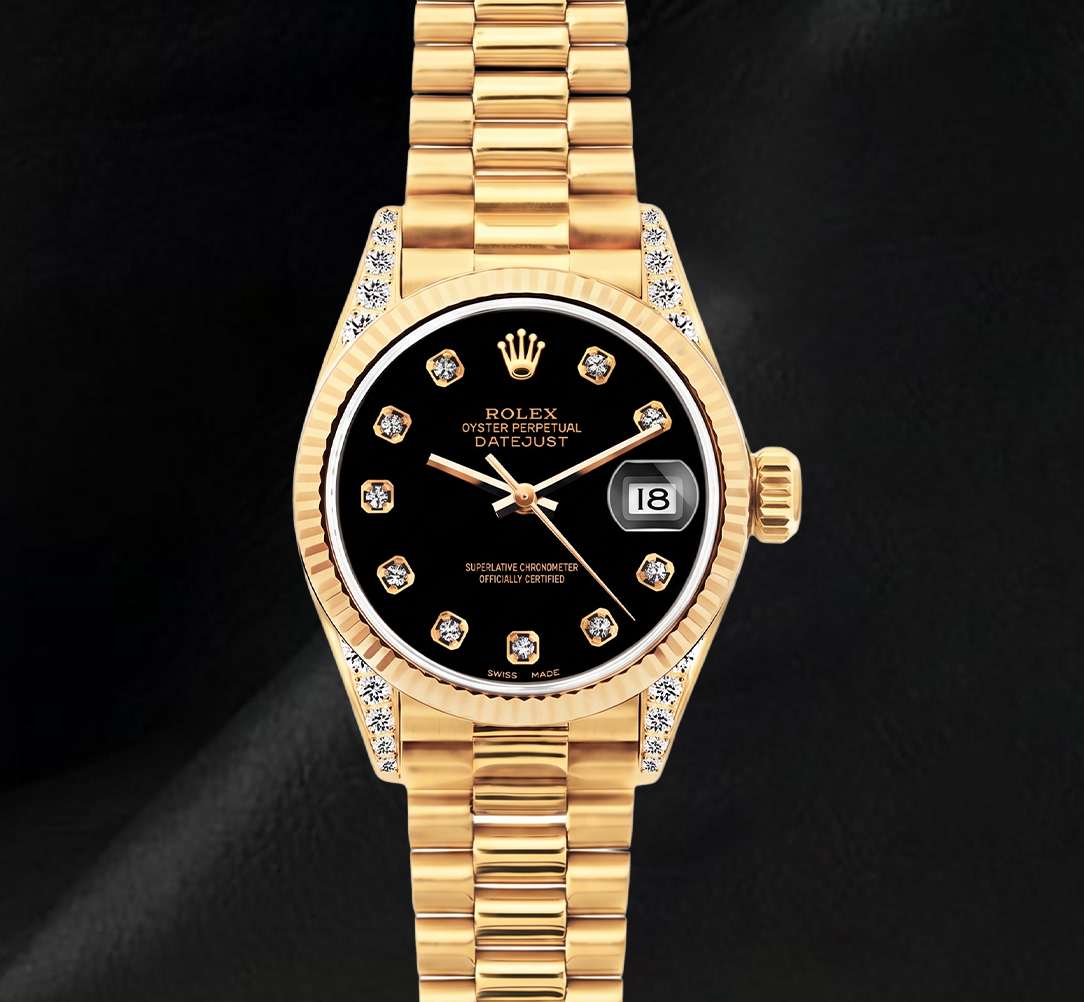 Montre Rolex Datejust 26 mm 69178 en Or Jaune 18 carats Cadran Diamants Noir