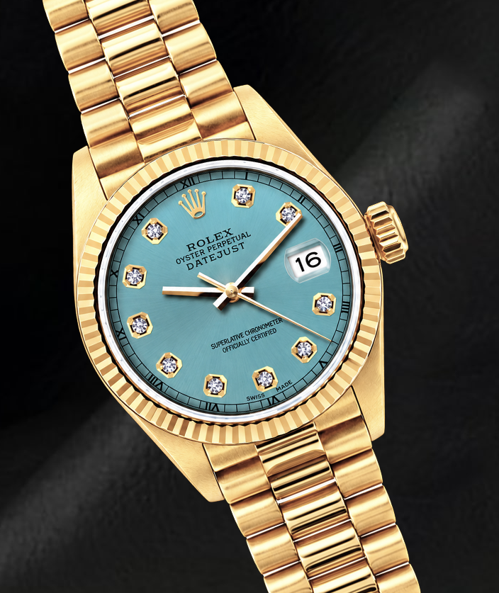 Montre Rolex Datejust 26 mm 69178 en Or Jaune 18 carats Cadran Diamants Turquoise