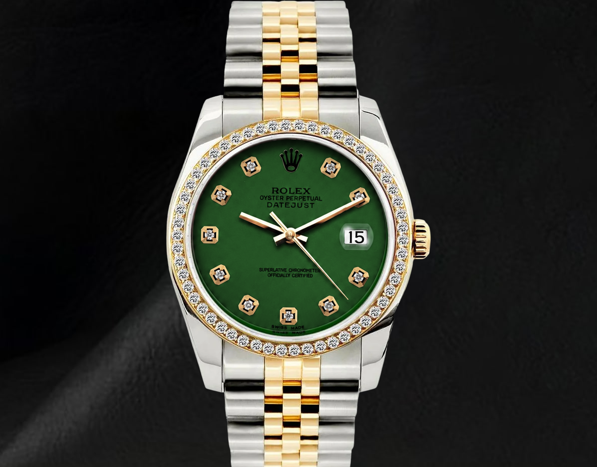 Montre Rolex Datejust 36 mm 16013 Bicolore Cadran Diamants Vert Lunette Diamants