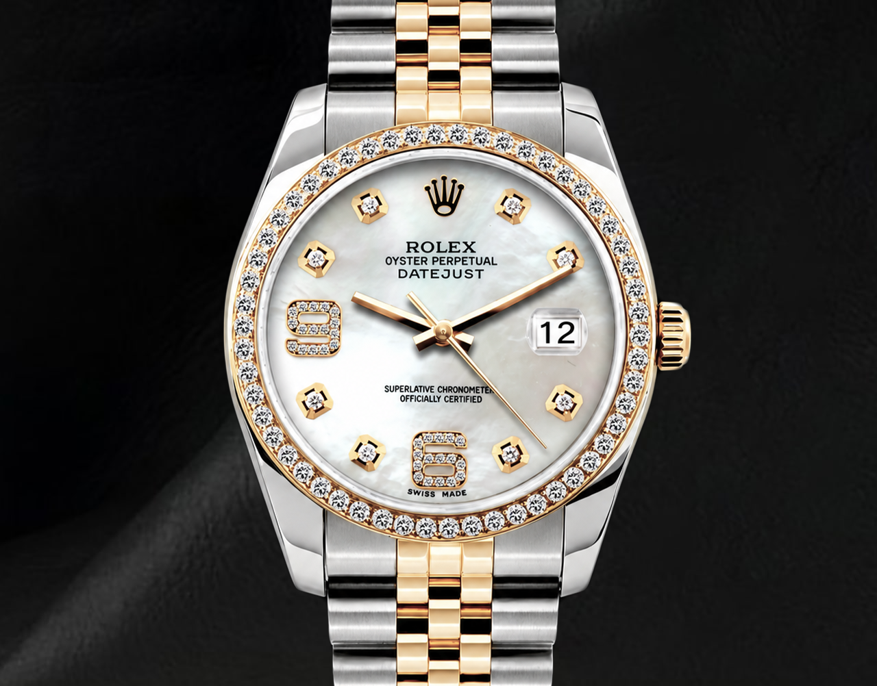 Montre Rolex Datejust 36 mm 16013 Bicolore Cadran Diamants Chiffres Arabes Nacre Blanche