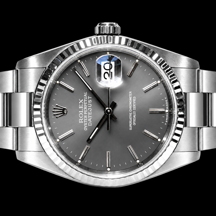 Montre Rolex Datejust 36 mm en Acier Inoxydable Cadran Gris à Index Bâtons Bracelet Oyster