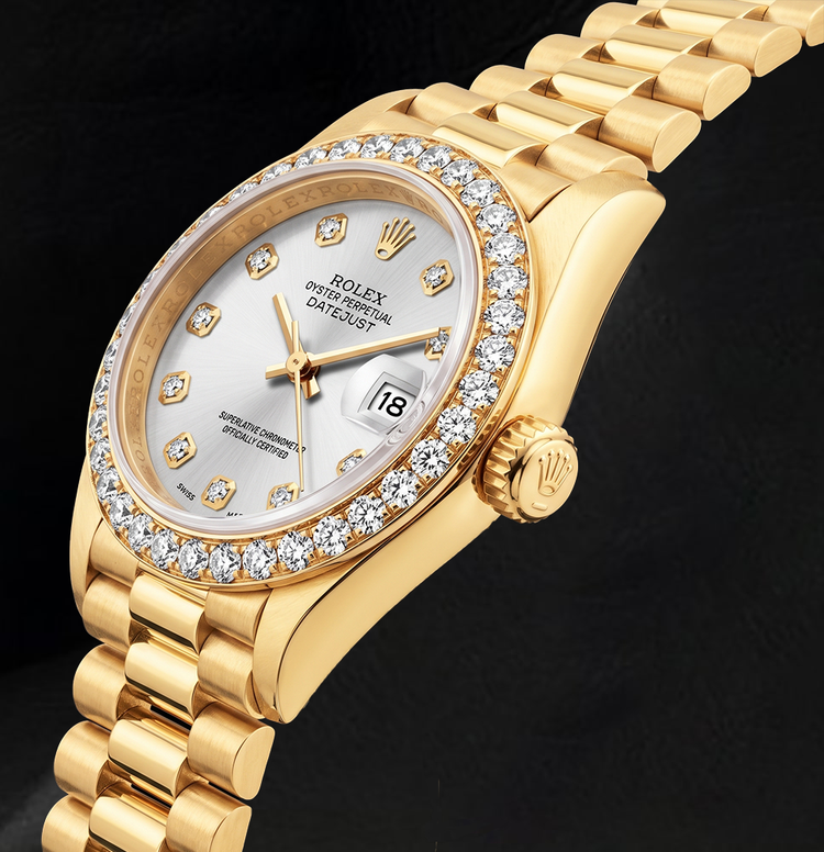 Montre Rolex Datejust 69178 26 mm Cadran Diamants Argenté en Or Jaune 18 carats