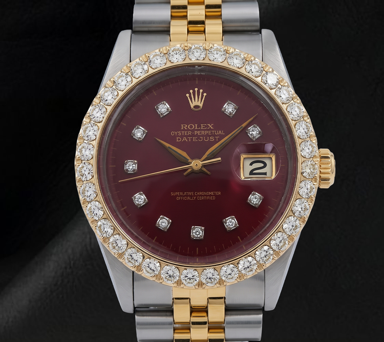 Montre Rolex Datejust 16013 Bicolore 36 mm Lunette Diamants Cadran Diamants Rouge