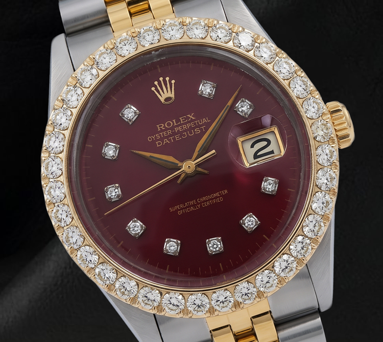 Montre Rolex Datejust 16013 Bicolore 36 mm Lunette Diamants Cadran Diamants Rouge