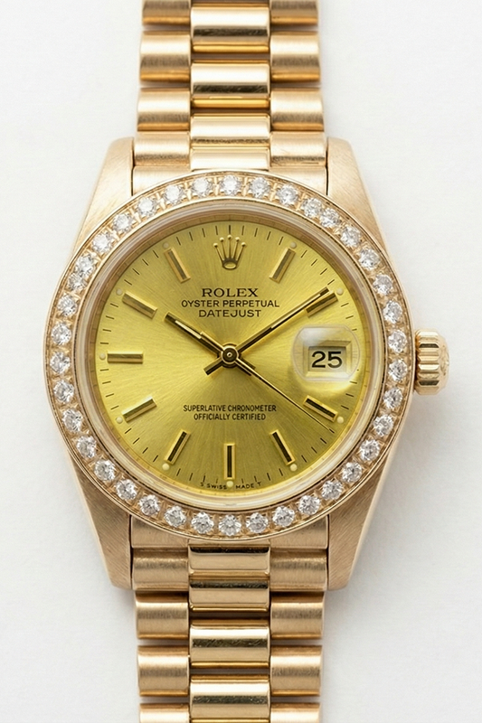 Datejust Rolex Lunette en diamant Montre présidentielle Champagne Cadran à bâtonnet Or