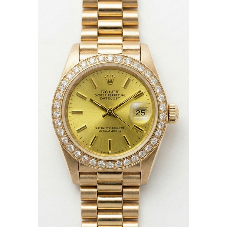 Datejust Rolex Lunette en diamant Montre présidentielle Champagne Cadran à bâtonnet Or