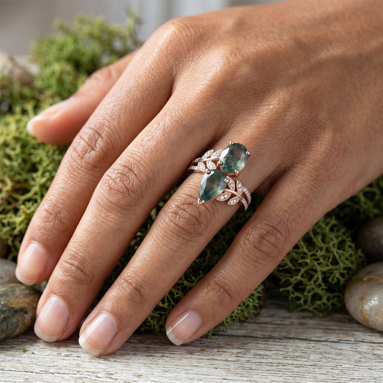 De luxe Bague Pierre de Couleur avec Moss Agate Pavé – 3,25