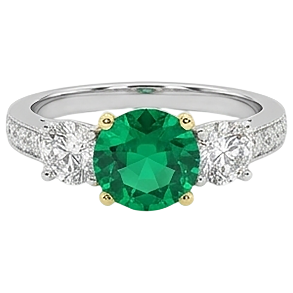 Taille Ronde Émeraude Fine bague en Or 14K Bicolore – vue de face
