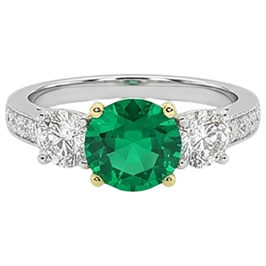 Taille Ronde Émeraude Fine bague en Or 14K Bicolore – vue de face