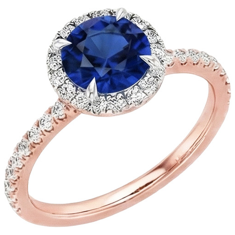 Deux Tons Ensemble de Bagues à Diamants Naturels Extraits des Mines ( et non cultivés en laboratoire ) Halo Saphir Bleu