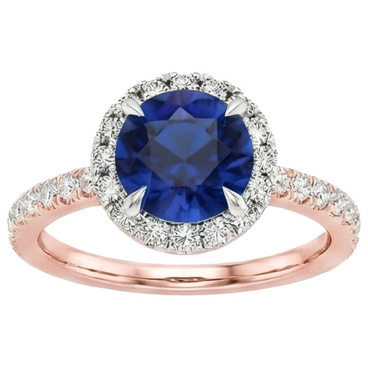 Deux Tons Ensemble de Bagues à Diamants Naturels Extraits des Mines ( et non cultivés en laboratoire ) Halo Saphir Bleu