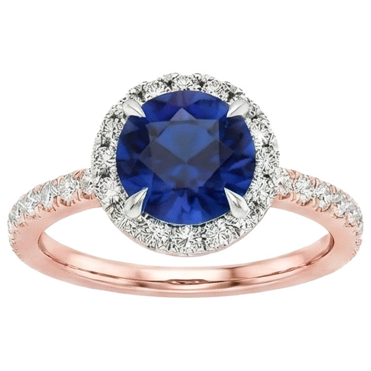 Deux Tons Ensemble de Bagues à Diamants Naturels Extraits des Mines ( et non cultivés en laboratoire ) Halo Saphir Bleu