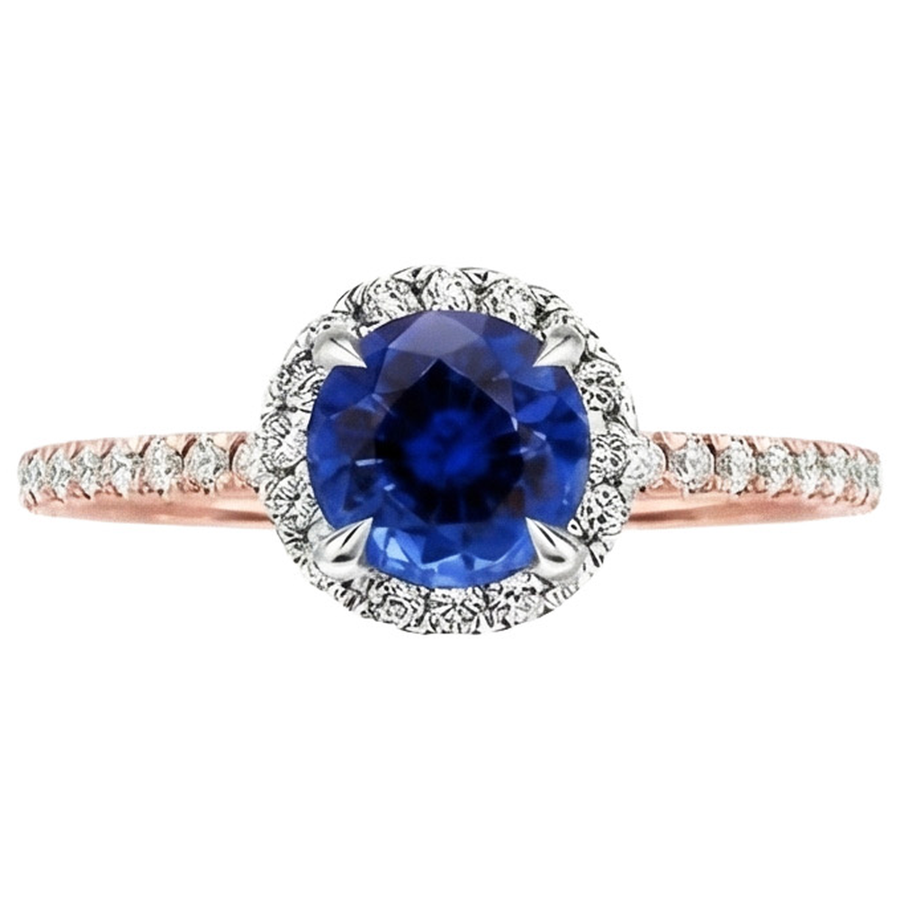 Deux Tons Ensemble de Bagues à Diamants Naturels Extraits des Mines ( et non cultivés en laboratoire ) Halo Saphir Bleu
