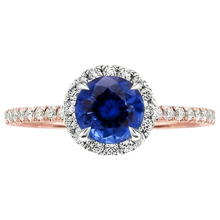 Deux Tons Ensemble de Bagues à Diamants Naturels Extraits des Mines ( et non cultivés en laboratoire ) Halo Saphir Bleu