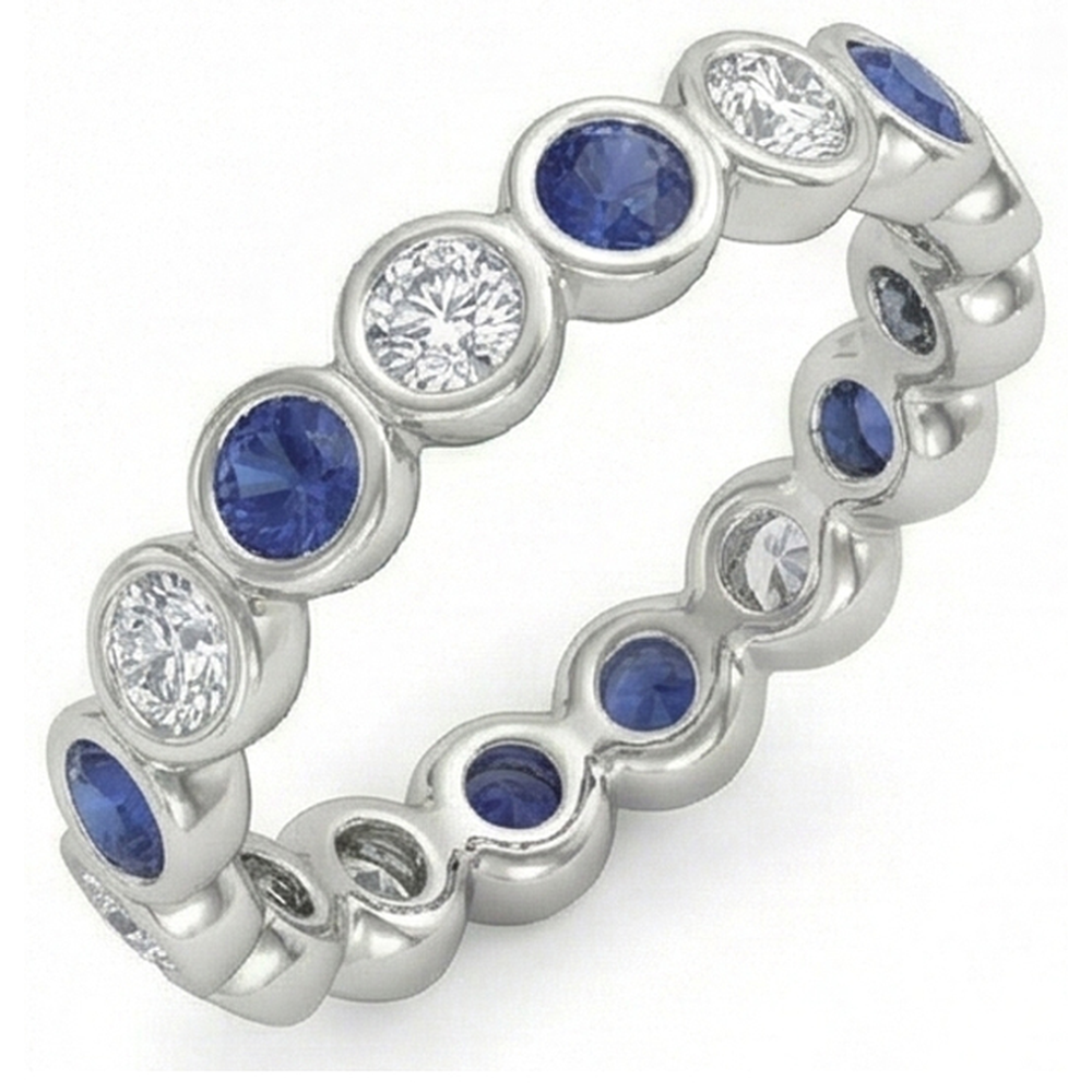 Diamant Naturels Extraits des Mines ( et non cultivés en laboratoire ) Bande d' Éternité 2 Carat Lunette Set Rond Saphir Bleu Dames