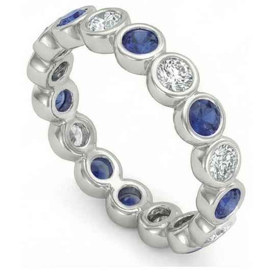 Diamant Naturels Extraits des Mines ( et non cultivés en laboratoire ) Bande d' Éternité 2 Carat Lunette Set Rond Saphir Bleu Dames