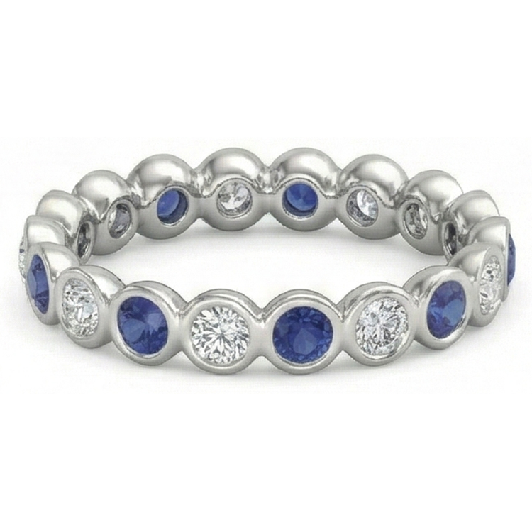 Diamant Naturels Extraits des Mines ( et non cultivés en laboratoire ) Bande d' Éternité 2 Carat Lunette Set Rond Saphir Bleu Dames