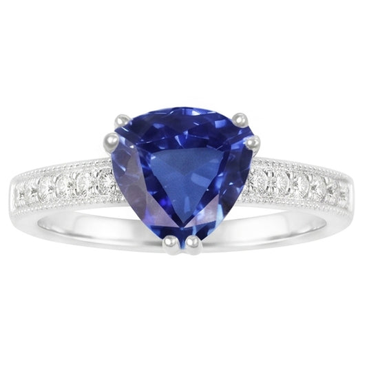 Diamant Bijoux Bague Saphir Bleu Taille Trillion Double Griffe 2 Carats