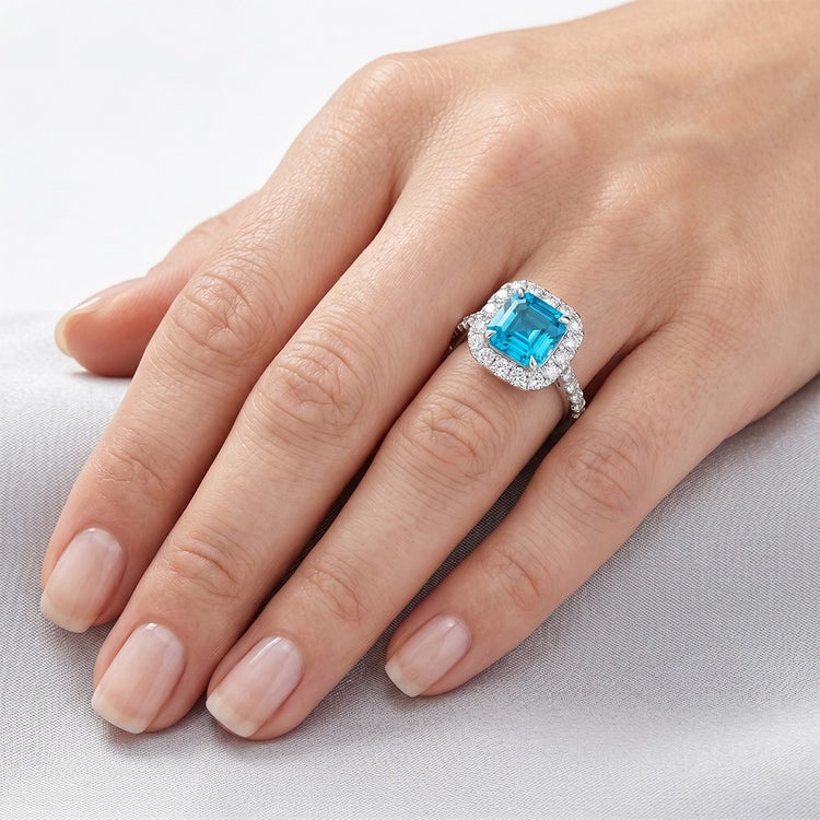 Diamant Diamant Bleu Bague Sertie Halo – 3 carats en Or Blanc 14