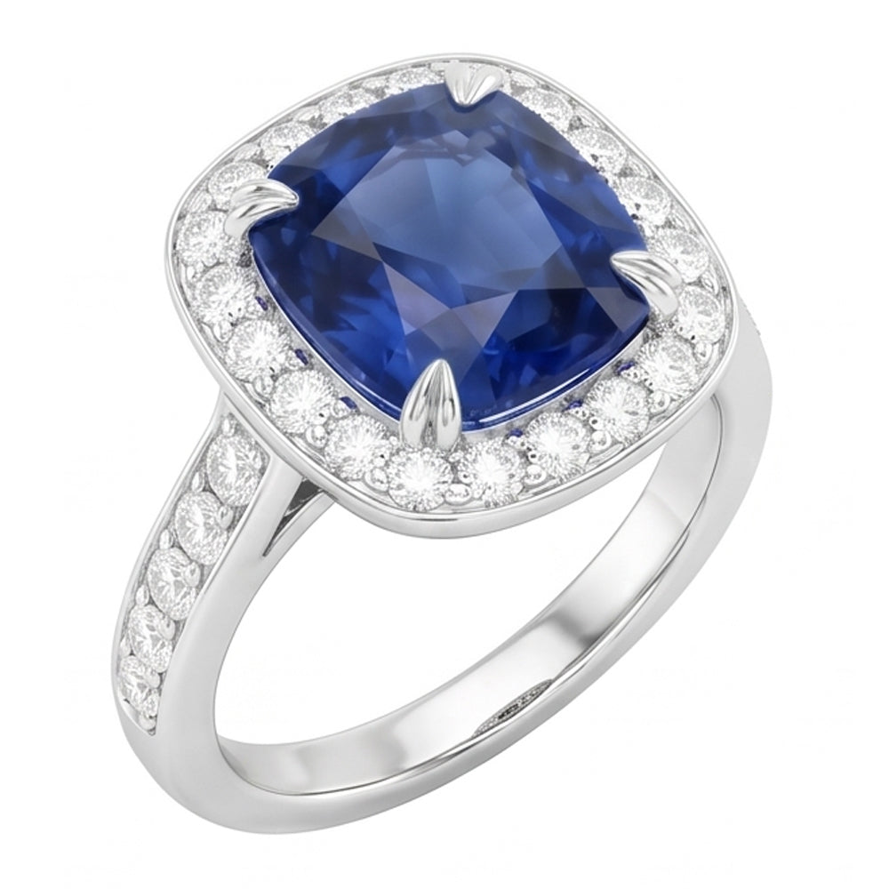 Diamant Halo Cushion Ceylan Saphir Bague Pavé Or 3.50 Carats