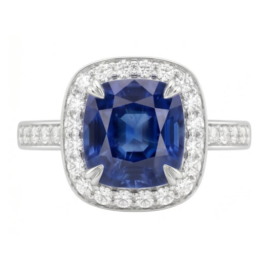 Diamant Halo Cushion Ceylan Saphir Bague Pavé Or 3.50 Carats