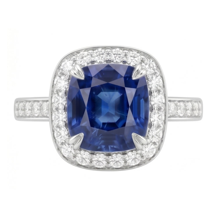 Diamant Halo Cushion Ceylan Saphir Bague Pavé Or 3.50 Carats