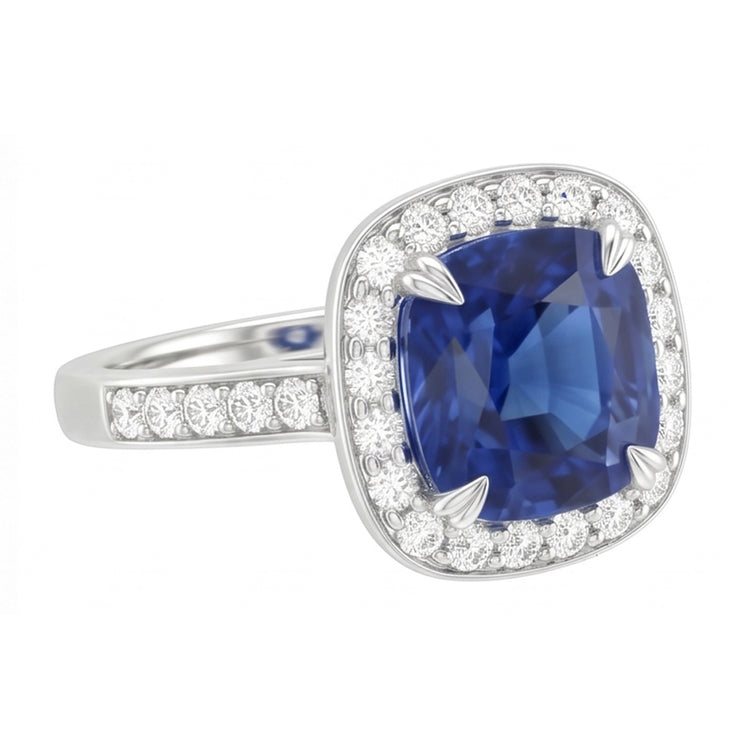 Diamant Halo Cushion Ceylan Saphir Bague Pavé Or 3.50 Carats