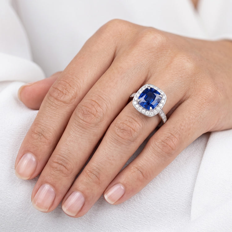 Diamant Halo Cushion Ceylan Saphir Bague Pavé Or 3.50 Carats
