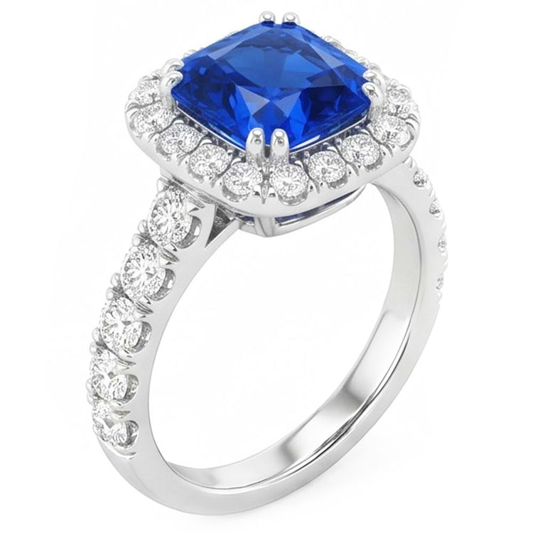 Diamant Rond Halo Radiant Bleu Saphir 4 Carats Or Blanc 14K