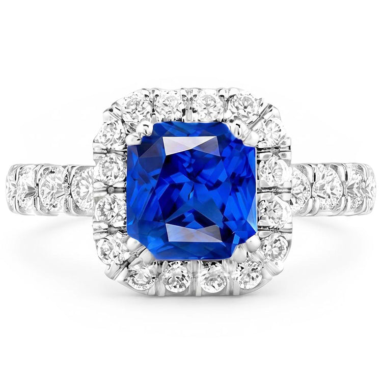 Diamant Rond Halo Radiant Bleu Saphir 4 Carats Or Blanc 14K