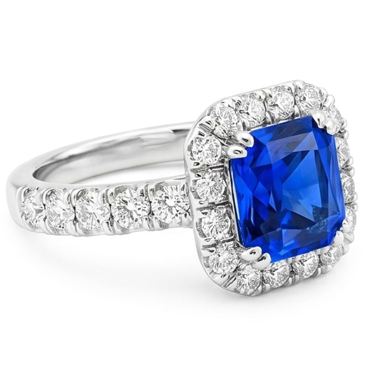 Diamant Rond Halo Radiant Bleu Saphir 4 Carats Or Blanc 14K