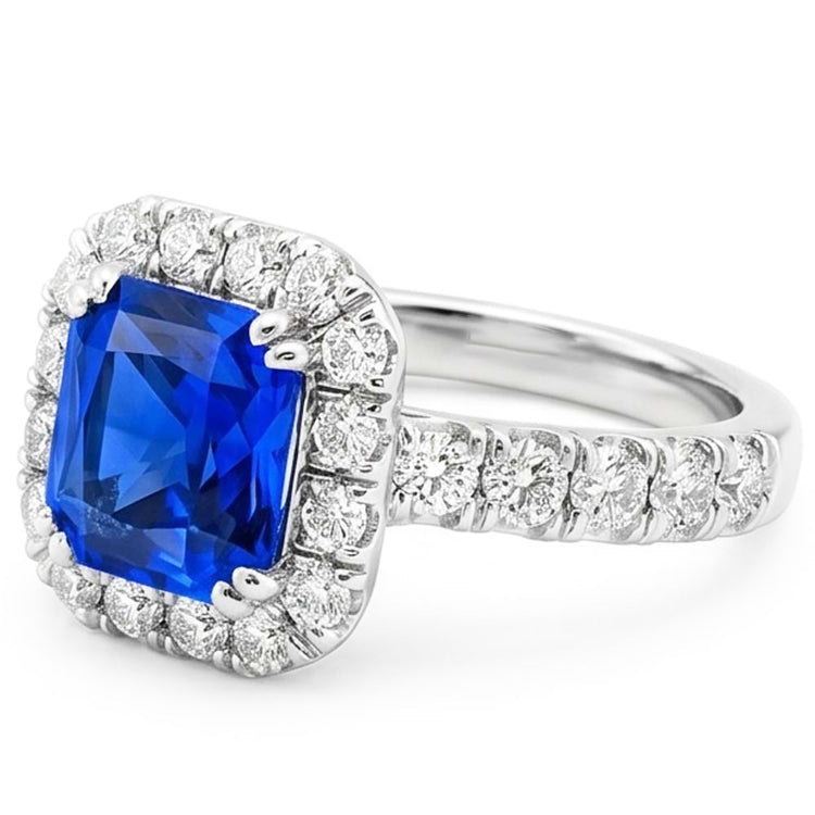 Diamant Rond Halo Radiant Bleu Saphir 4 Carats Or Blanc 14K