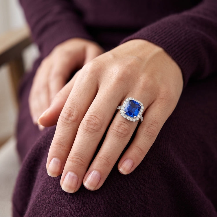 Diamant Rond Halo Radiant Bleu Saphir 4 Carats Or Blanc 14K